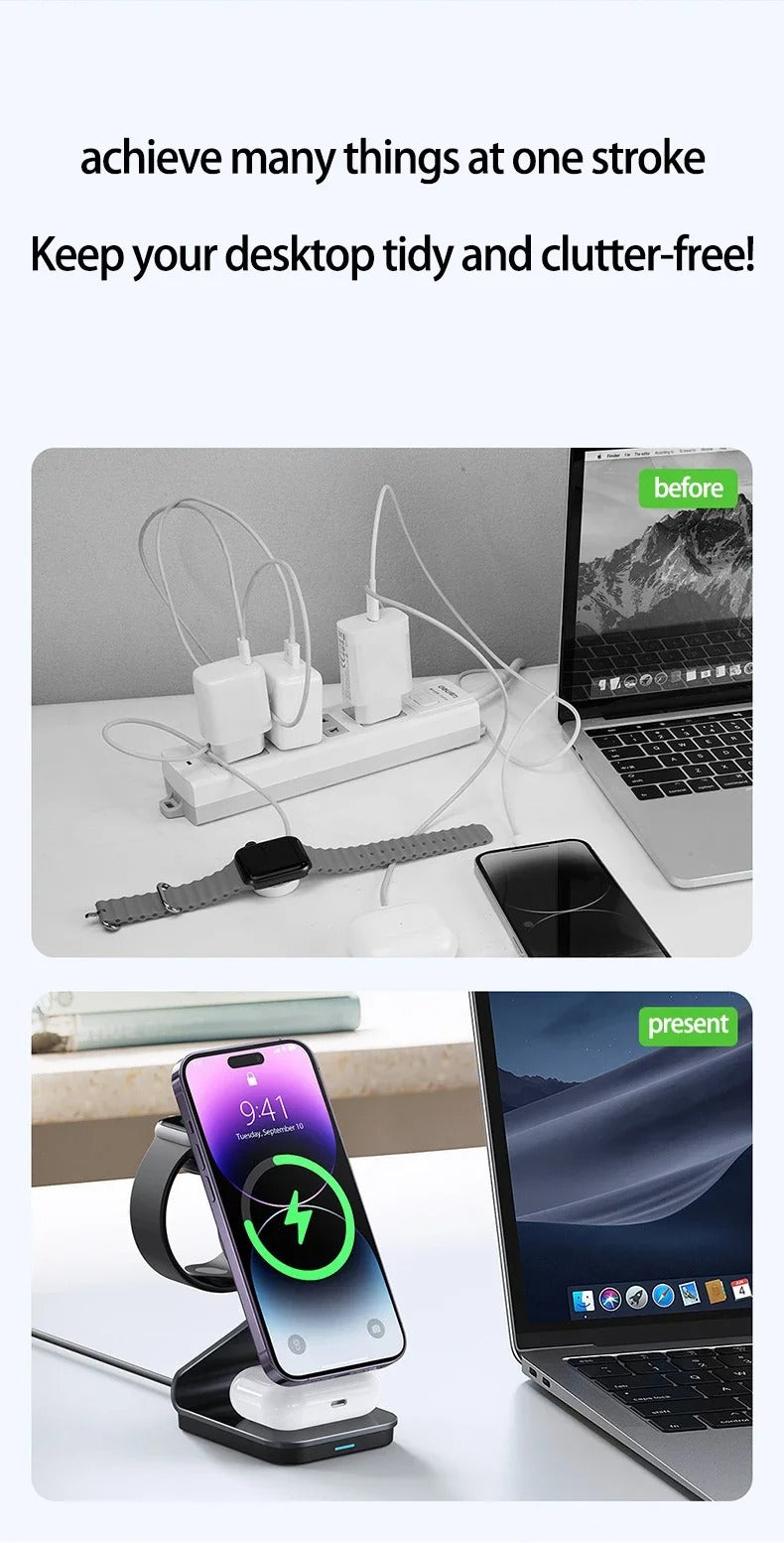 Luxury 3 in 1 Magnetic Wireless Charger Stand – Transparent Fast Charging Dock for iPhone, Apple Watch, AirPods with Aluminum Alloy Design, 15W Output
