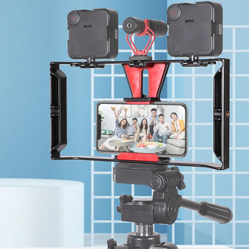 Robust Smartphone Video Rig Stabilizer with Dual Handgrips – Universal Handheld Phone Cage for YouTube, Live Streaming, Vlogging, LED & Mic Mount