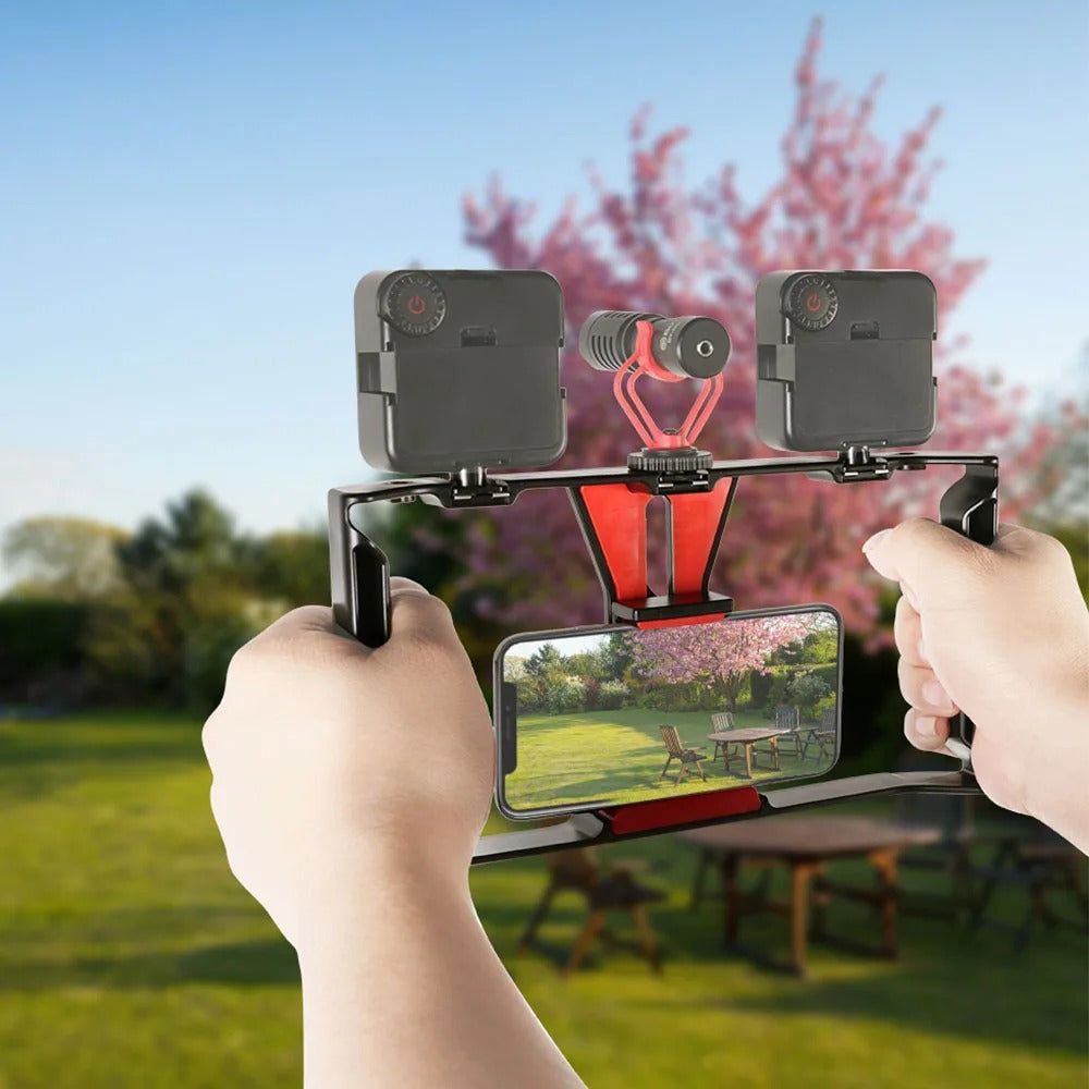 Robust Smartphone Video Rig Stabilizer with Dual Handgrips – Universal Handheld Phone Cage for YouTube, Live Streaming, Vlogging, LED & Mic Mount