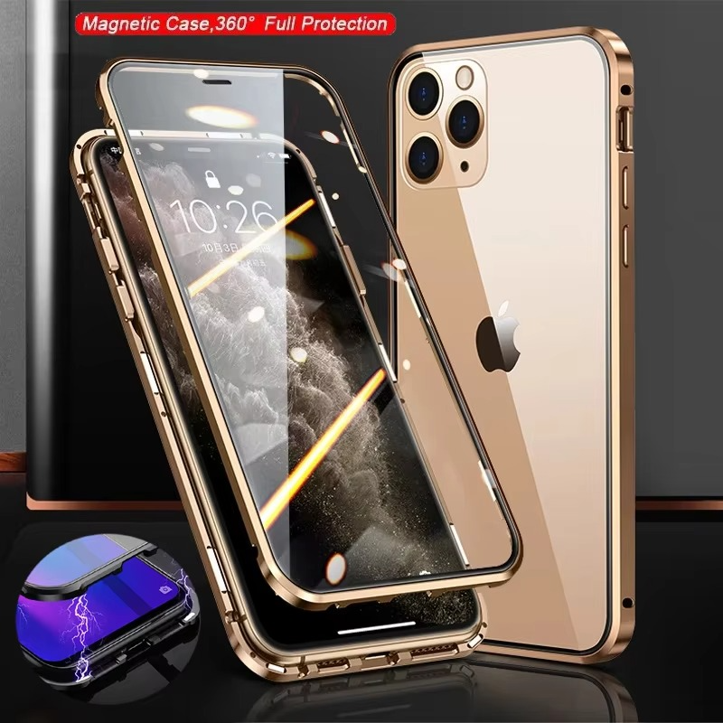 Robust Apple iPhone Case, MagSafe Compatible, Camera Lens and Screen Protection, Ultra Thin, Shockproof, Magnetic, Full All Around Protection, 360 Metal Glass Magnet Cover
