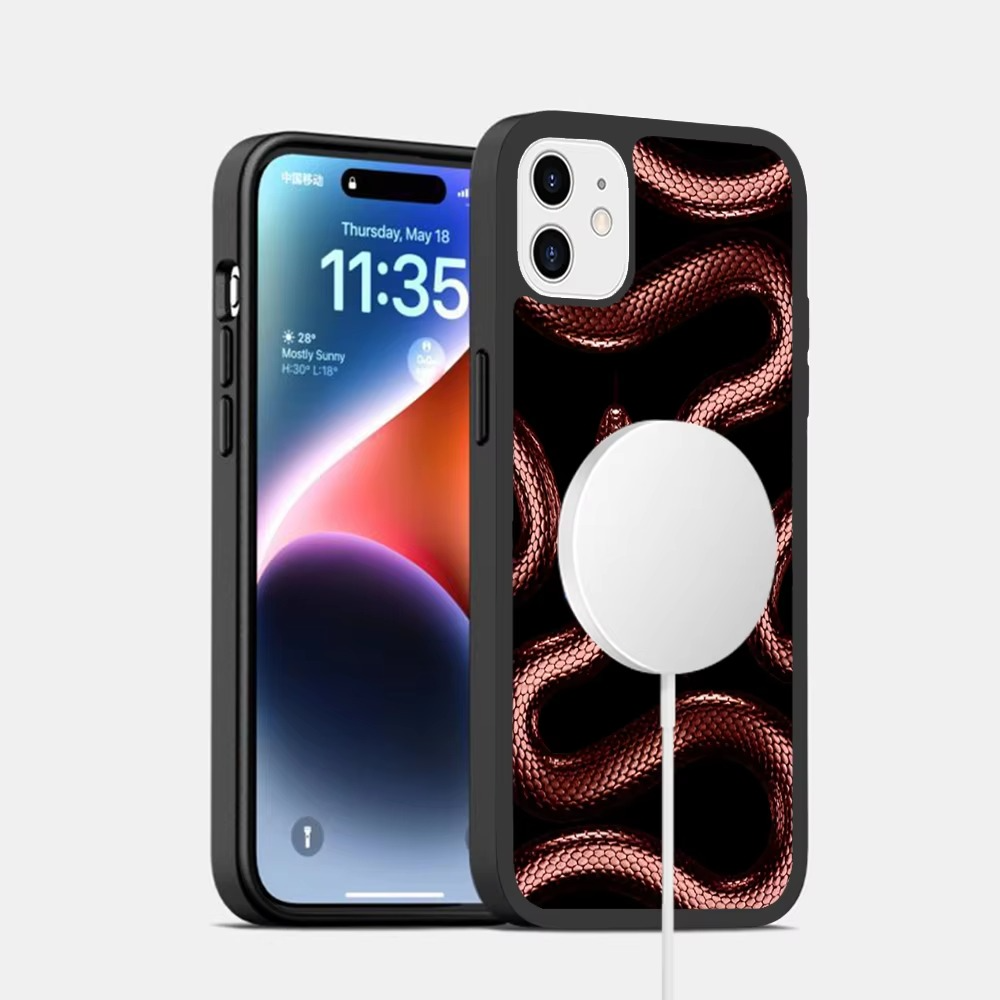 Luxury Apple iPhone Case, MagSafe Compatible, Camera Lens and Screen Protection, Ultra Thin, Shockproof, Magnetic, Full All Around Protection, Black Gold Snake Cover
