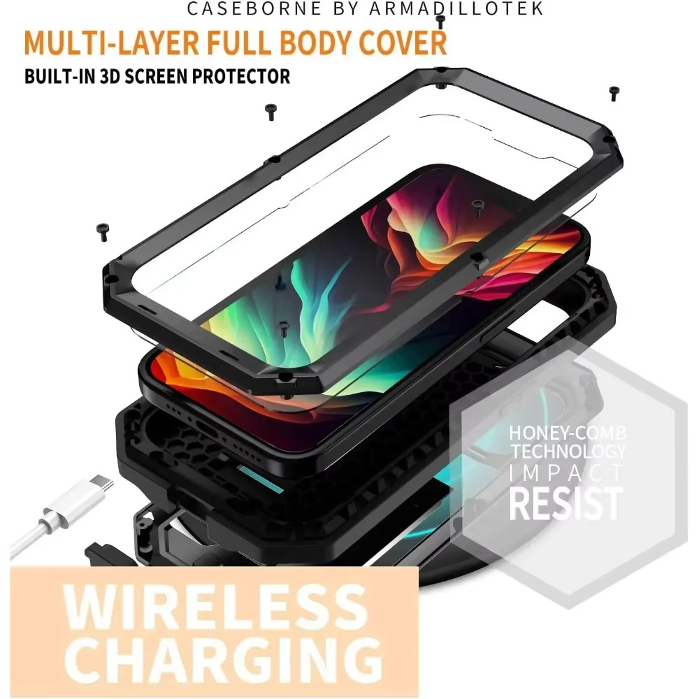 Robust Apple iPhone Case, MagSafe Compatible, Camera Lens and Screen Protection, Ultra Thin, Shockproof, Magnetic, Full All Around Protection, Metal 360 Glass Slide Cover