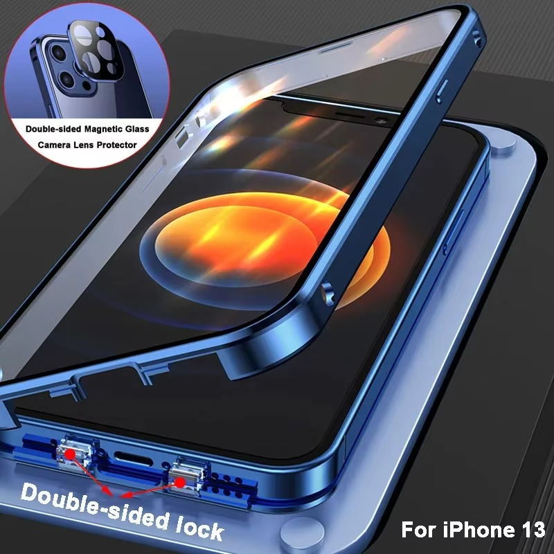 Luxury Apple iPhone Case, MagSafe Compatible, Camera Lens and Screen Protection, Ultra Thin, Shockproof, Magnetic, Full All Around Protection, Double Glass Lock Bumper Case
