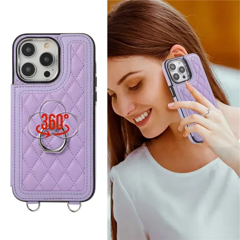 Luxury Crossbody RFID Leather Wallet iPhone Case – Card Slot, Ring Holder, Double Buckle, Lanyard Bag Cover, Magnetic Closure