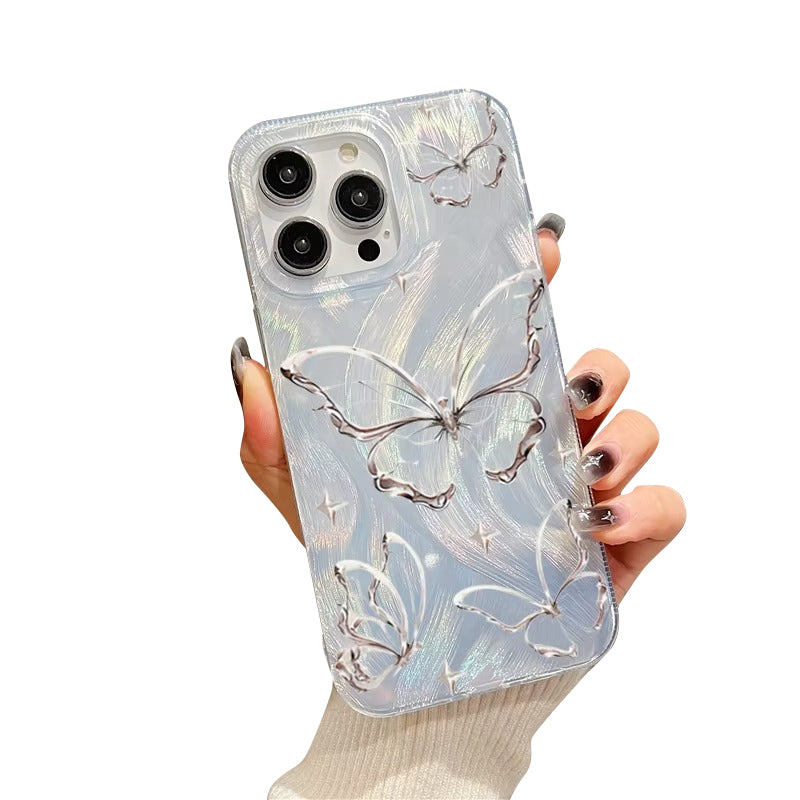 Luxury Apple iPhone Case, MagSafe Compatible, Camera Lens and Screen Protection, Ultra Thin, Shockproof, Magnetic, Full All Around Protection, Laser Silver Butterfly Cover
