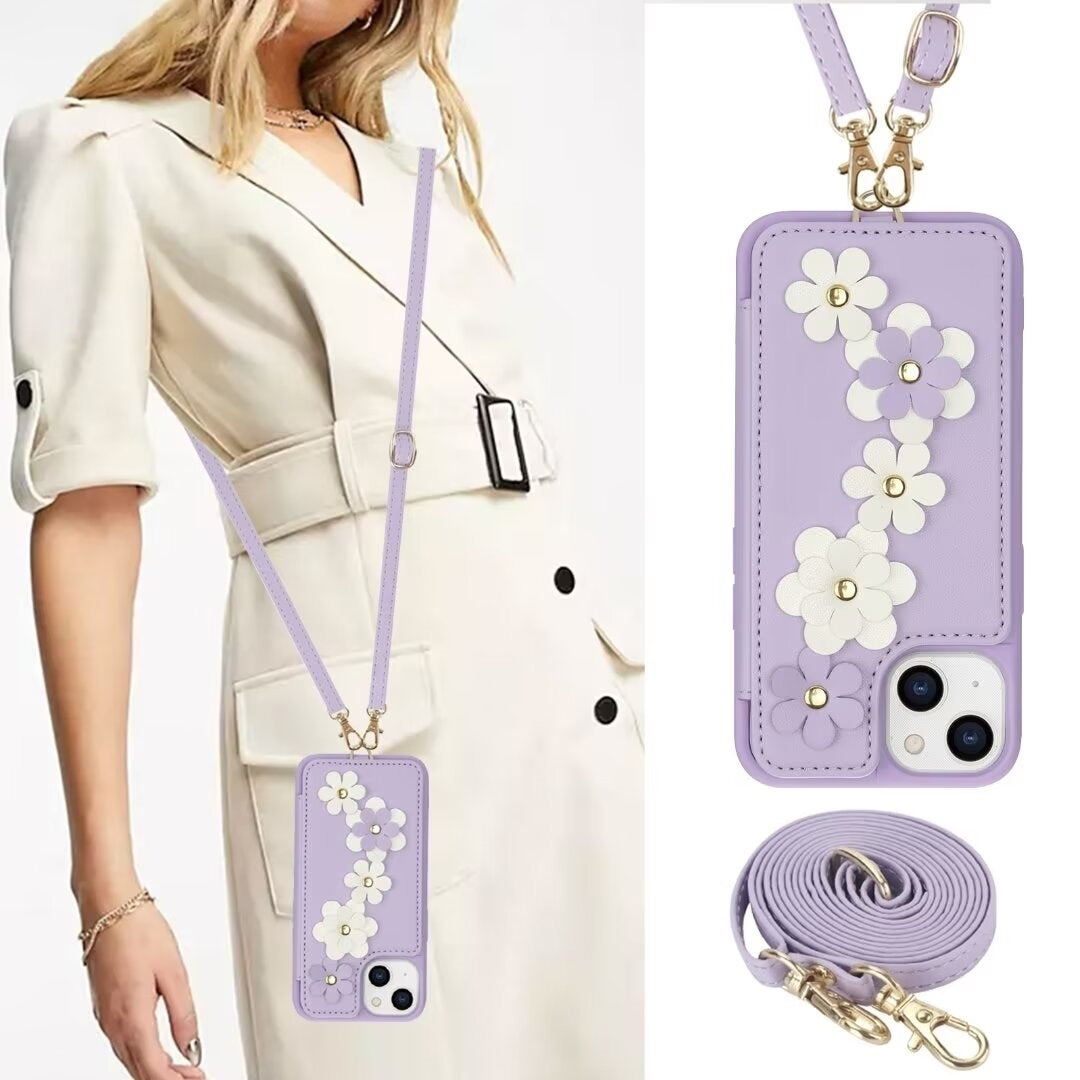 Luxury Crossbody Wallet Leather iPhone Case – 3D Flower Design, Card Slot, Wrist Strap, Magnetic Closure, Protective Cover