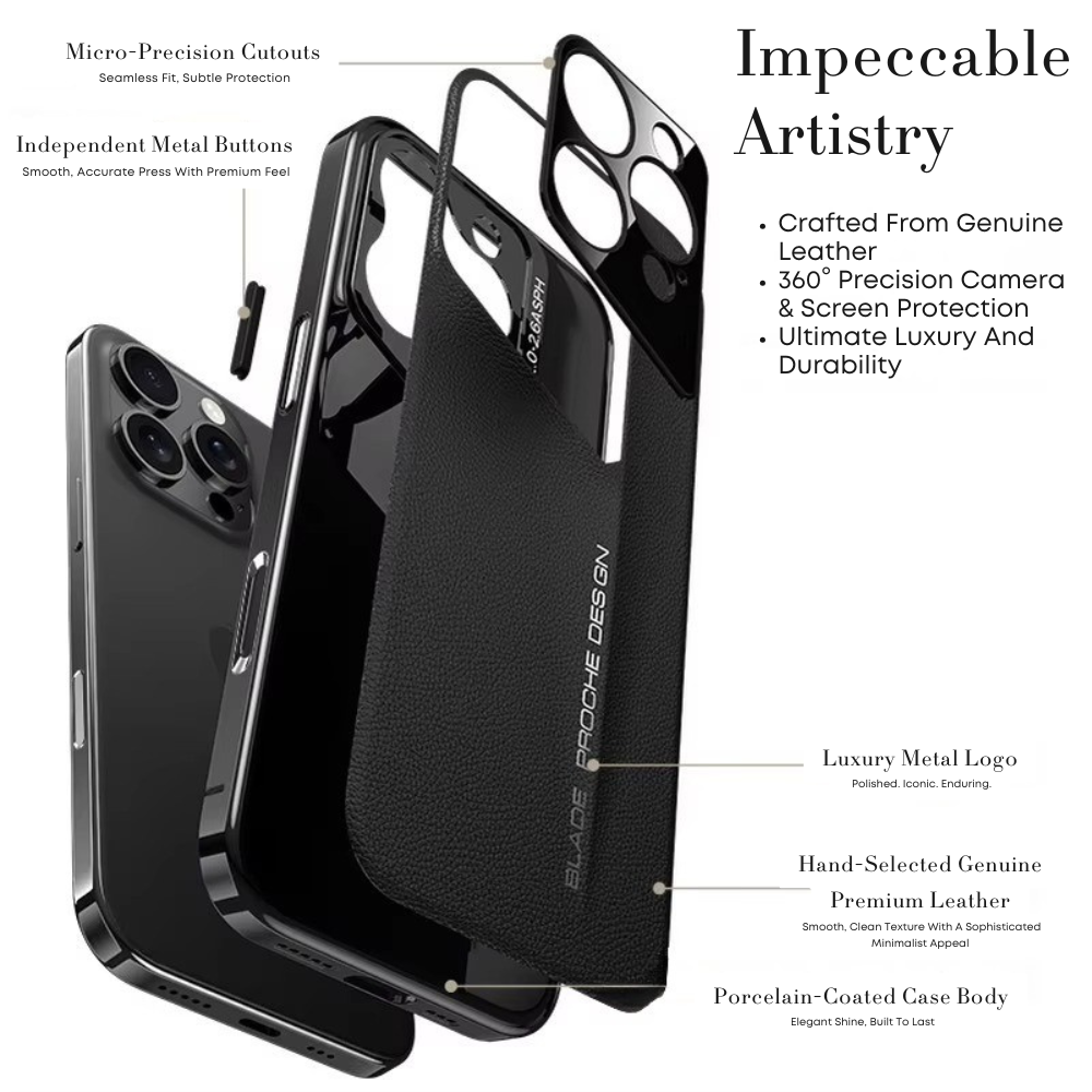 Black phone case with features highlighted on a white background