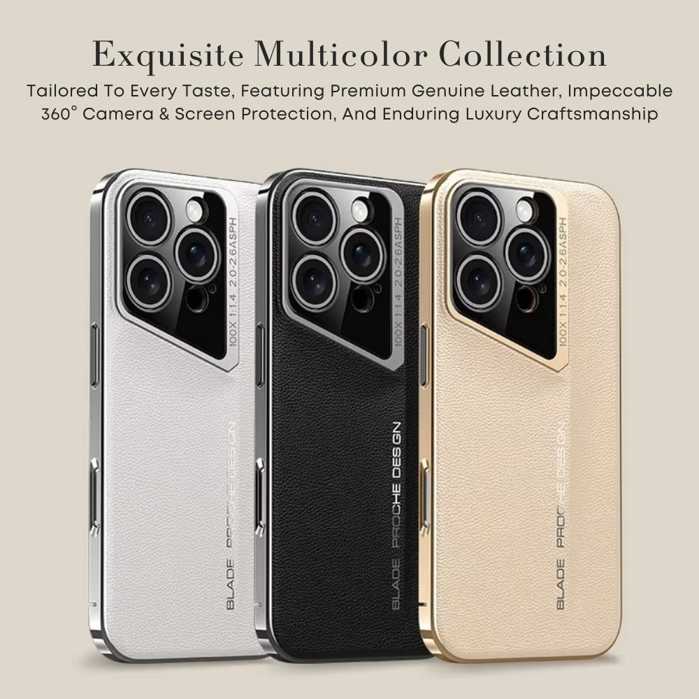 Three phone cases in silver, black, and gold on a beige background with promotional text.