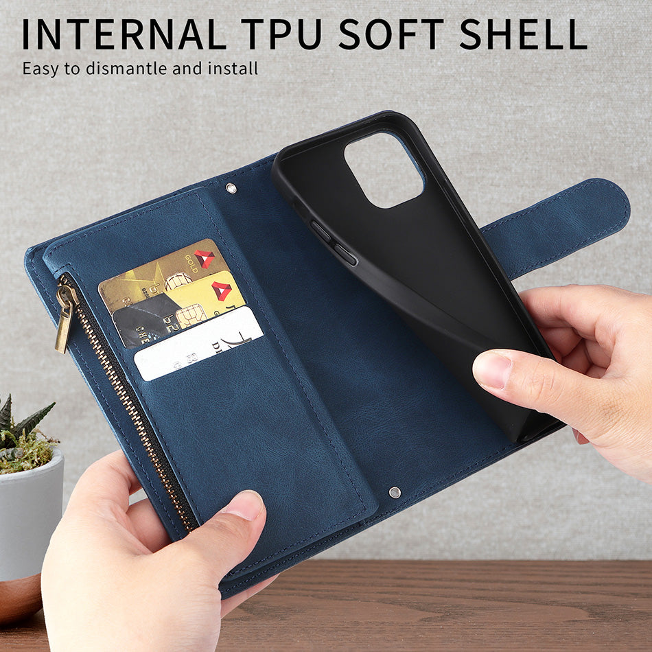 Premium Retro Flip Leather iPhone Case – Zipper Wallet, Multi-Card Slots, Necklace Lanyard, Magnetic Closure, Shockproof Protection for iPhone