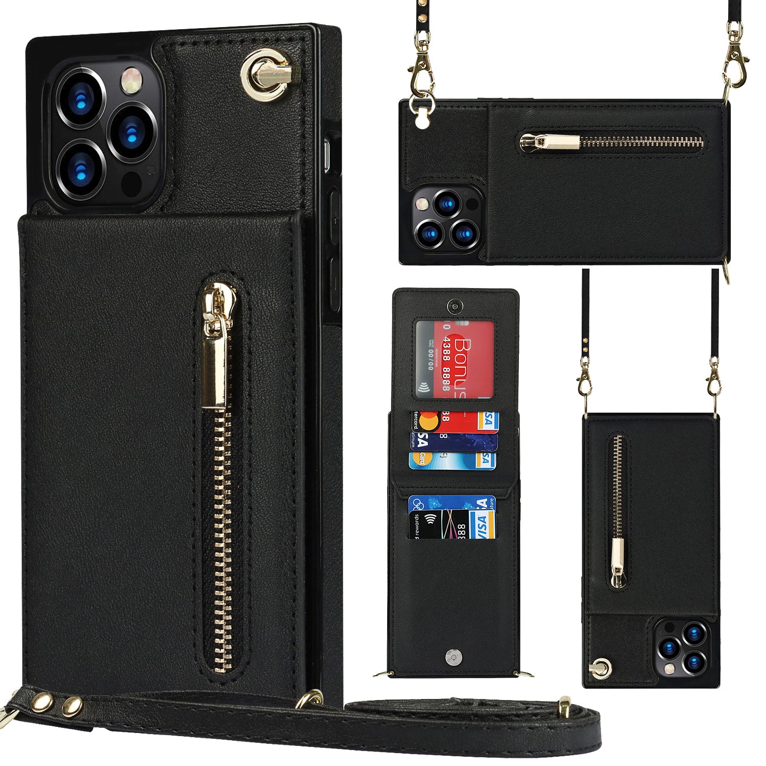 Luxury Zipper Wallet Crossbody Leather iPhone Case Card Holder, Lanyard Strap Magnetic Closure, Stylish Flip Cover for iPhone