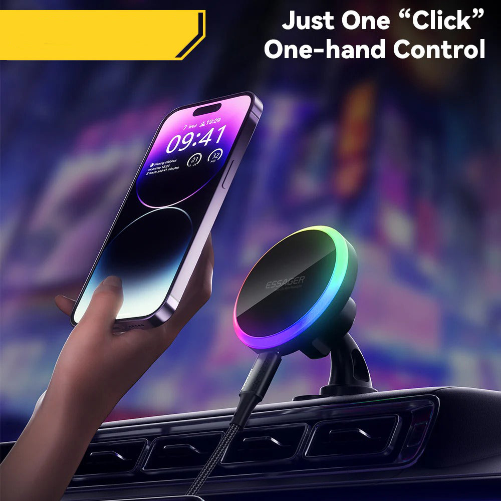 Premium, RGB, Magnetic Car Phone Holder, with 15W Qi Wireless Charging, Dashboard or Vent Mount, Fast Charger Stand for iPhone