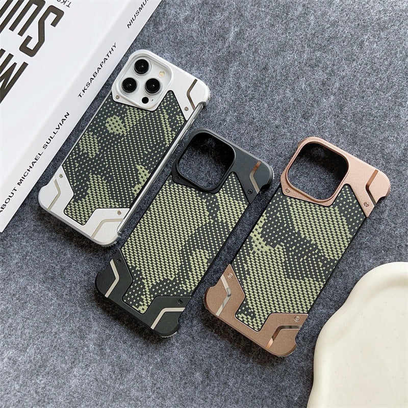 Camouflage Metal Armor Case Frameless Real Carbon Fiber Cover with Built-In Magnet for iPhone Models, Durable and Protection