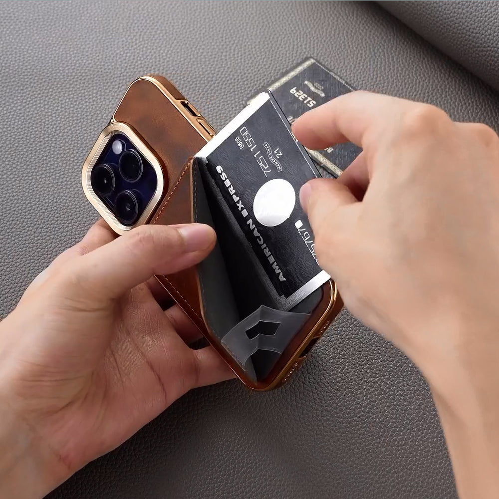 Luxury Cowhide Leather Wallet iPhone Case – Magnetic Card Holder, Plating Shell, Shockproof Protection, Premium Design for iPhone Models