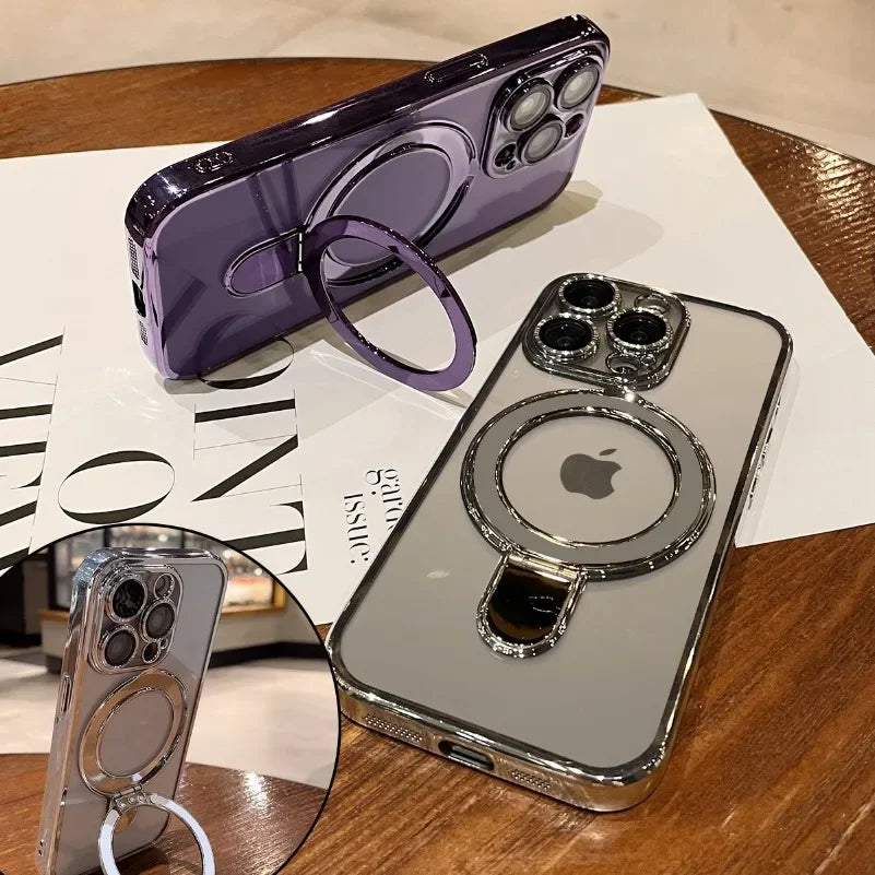 Luxury Plating MagSafe iPhone Case Transparent Acrylic Magnetic Cover with Stand Holder Shockproof PC Bumper Case for iPhone