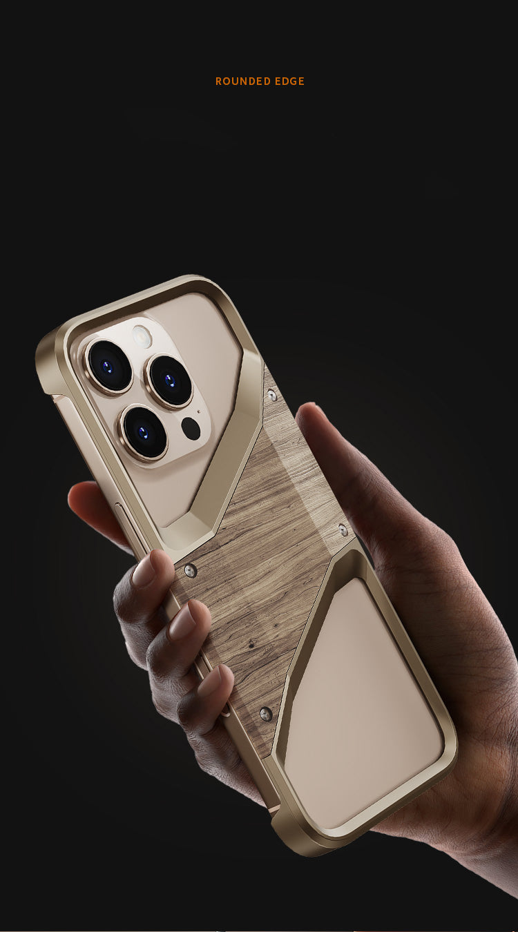 Irregular Metal Frame iPhone Case – Aluminum Alloy and Solid Wood Shockproof Frameless Cover for iPhone Models Design