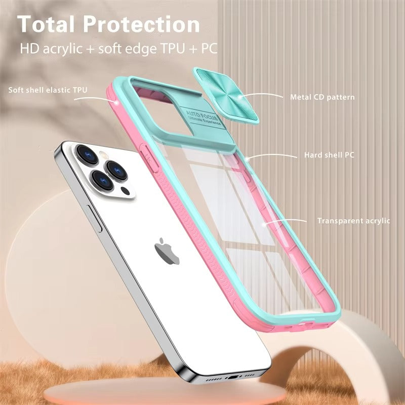 High Quality Apple iPhone Case MagSafe Compatible, Camera Lens & Screen Protection, Cover with Slide Lens & Clear PC Bumper