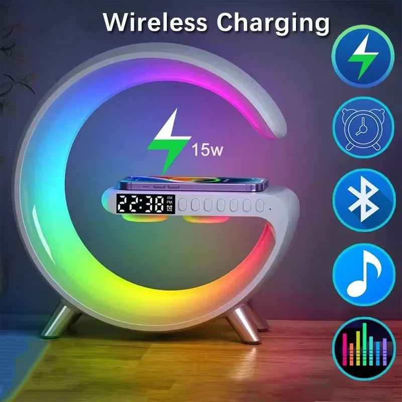 Luxury Wireless Charging Alarm Clock – Bluetooth Speaker with Sunrise Wake-Up Light, RGB Night Lamp, Sleep Aid, 5W Fast Charger for Qi-Enabled Devices