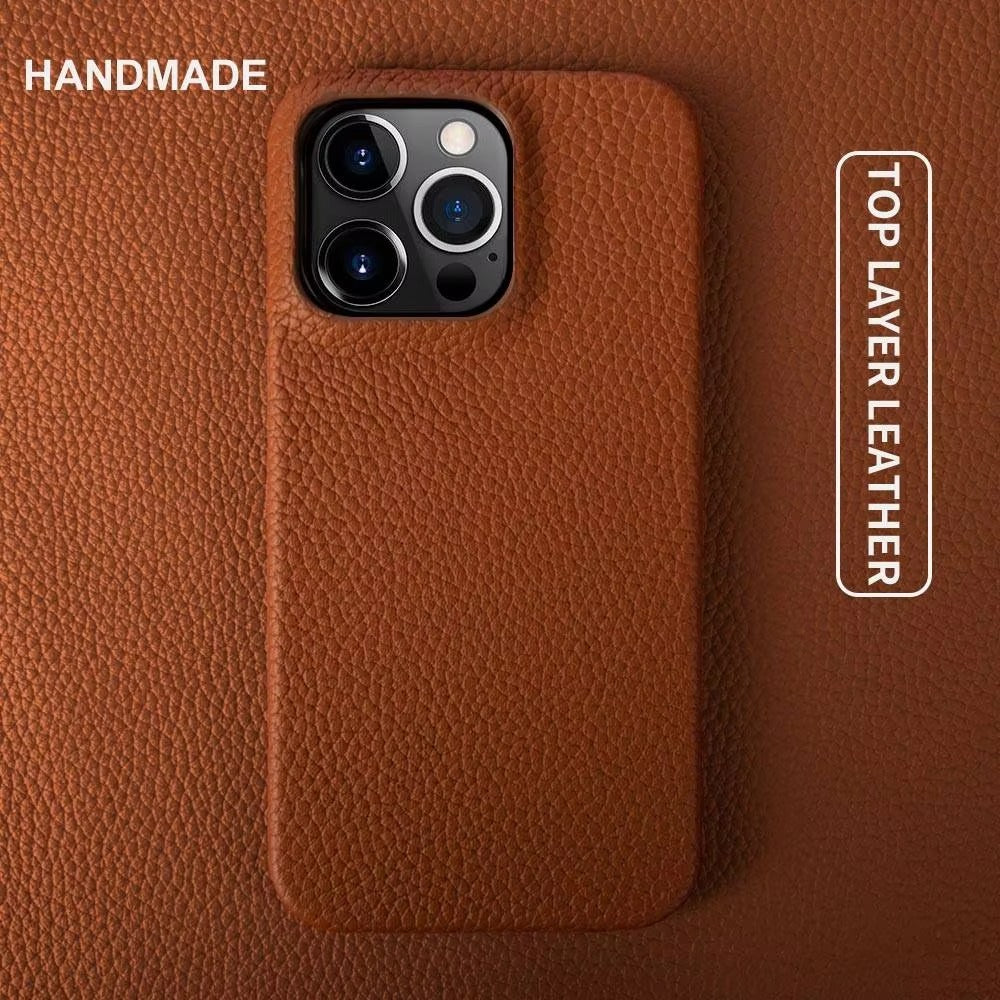 Luxury Natural Cowhide Leather MagSafe iPhone Case – Lychee Texture, Durable & Stylish Phone Back Cover | Case for iPhone
