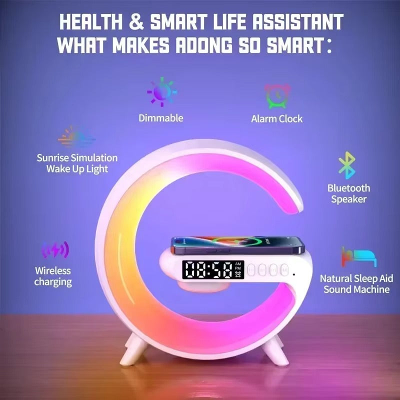 Luxury Wireless Charging Alarm Clock – Bluetooth Speaker with Sunrise Wake-Up Light, RGB Night Lamp, Sleep Aid, 5W Fast Charger for Qi-Enabled Devices