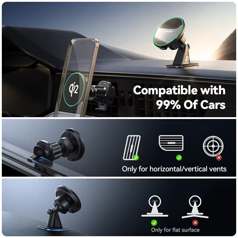 Premium Magnetic Wireless Car Phone Holder – Fast Charging Mount with Blue Light, Dashboard or Vent Clip