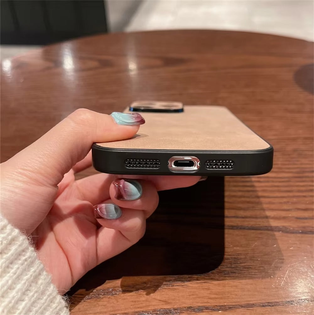 Luxury Leather iPhone Case – Lambskin Texture, Plating Bumper, Metal Lens Protection, Stylish & Durable Cover Case for iPhone