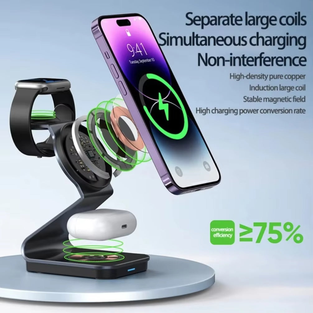 Luxury 3 in 1 Magnetic Wireless Charger Stand – Transparent Fast Charging Dock for iPhone, Apple Watch, AirPods with Aluminum Alloy Design, 15W Output