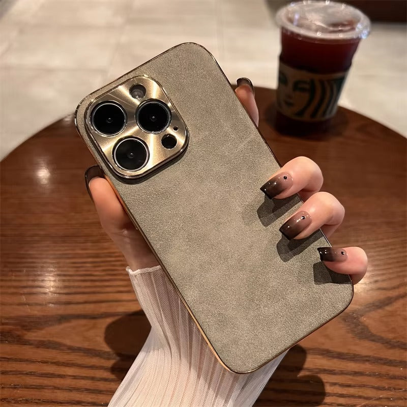 Luxury Leather iPhone Case – Lambskin Texture, Plating Bumper, Metal Lens Protection, Stylish & Durable Cover Case for iPhone