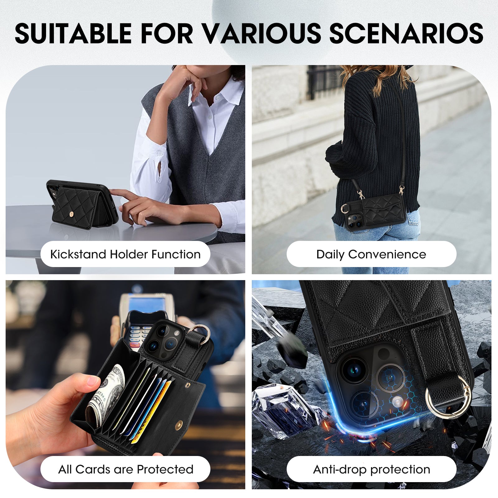 Luxury Crossbody Wallet iPhone Case – Cute Flip Leather Cover, Card Holder, Necklace Strap, Kickstand, Protection for iPhone