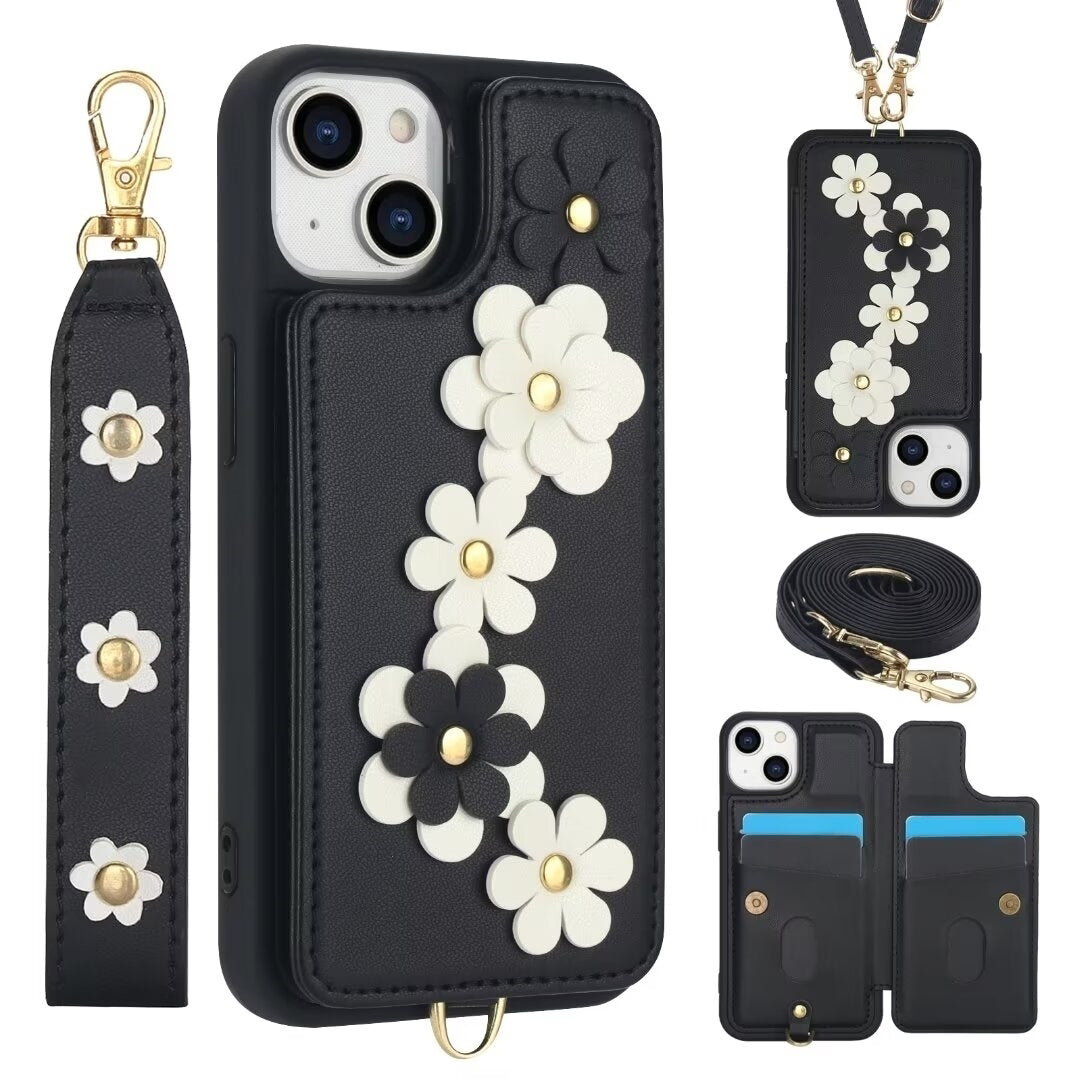 Luxury Crossbody Wallet Leather iPhone Case – 3D Flower Design, Card Slot, Wrist Strap, Magnetic Closure, Protective Cover