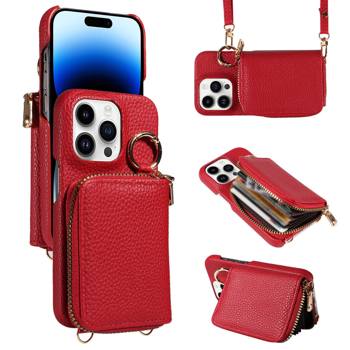 Luxury Zipper Wallet Crossbody iPhone Case Leather Cover with Card Holder Lanyard Strap and Full Protection for iPhone Models