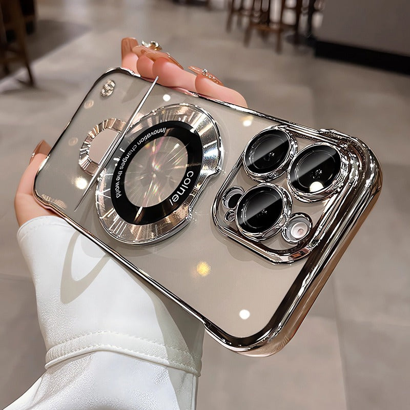 Frameless MagSafe Case with Logo Hole – Transparent Plating Slim Bracket for iPhone Models, Sleek and Durable Design