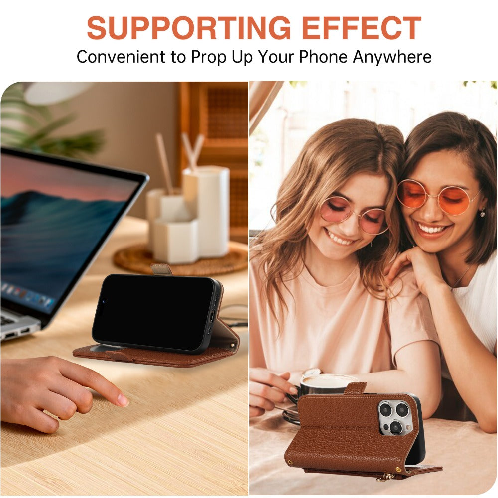 Luxury Crossbody Zipper Wallet iPhone Case – Leather Card Holder, Hands-Free Strap, Shockproof Protection, and Stylish Design for Ultimate Convenience