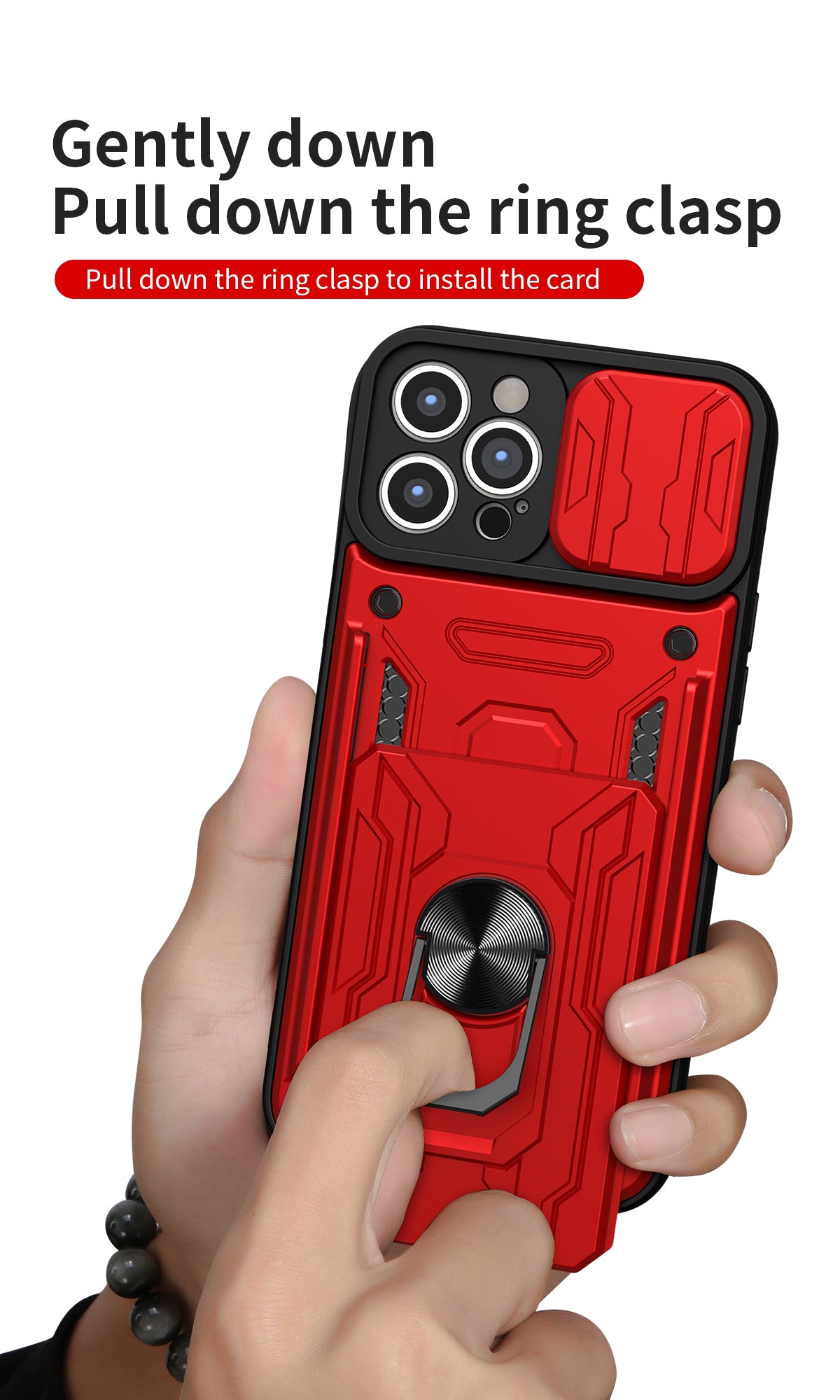 Hidden Slide Card Slot iPhone Case – Lens Protection, Magnetic Ring Stand, Shockproof Cover for iPhone Models