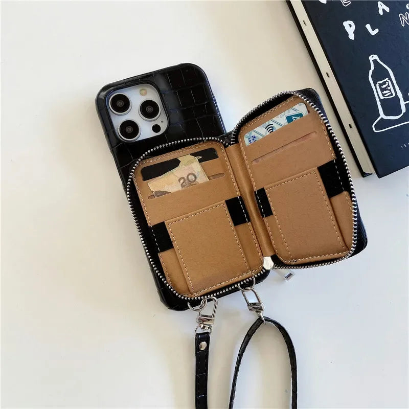 Luxury Crossbody Crocodile Skin iPhone Case – Zipper Wallet, Card Holder, Shockproof Protection, and Elegant Design for Secure & Stylish Convenience