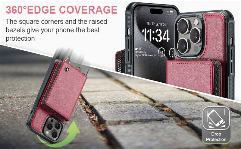 Luxury Leather Wallet Crossbody iPhone Case – Card Slot Holder, Stand Function, Hand Lanyard Strap, Shockproof Protection for iPhone