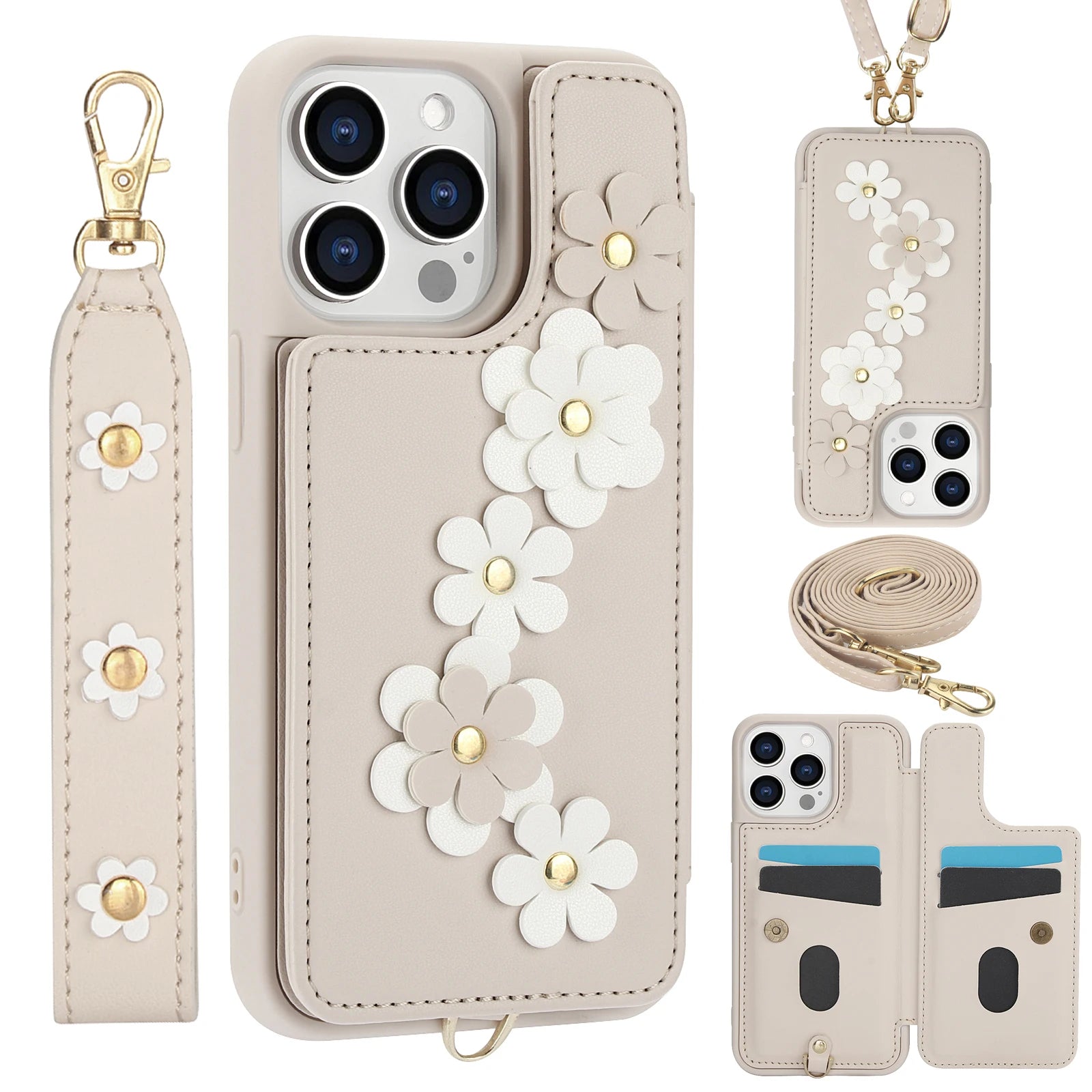 Luxury Crossbody Wallet Leather iPhone Case – 3D Flower Design, Card Slot, Wrist Strap, Magnetic Closure, Protective Cover