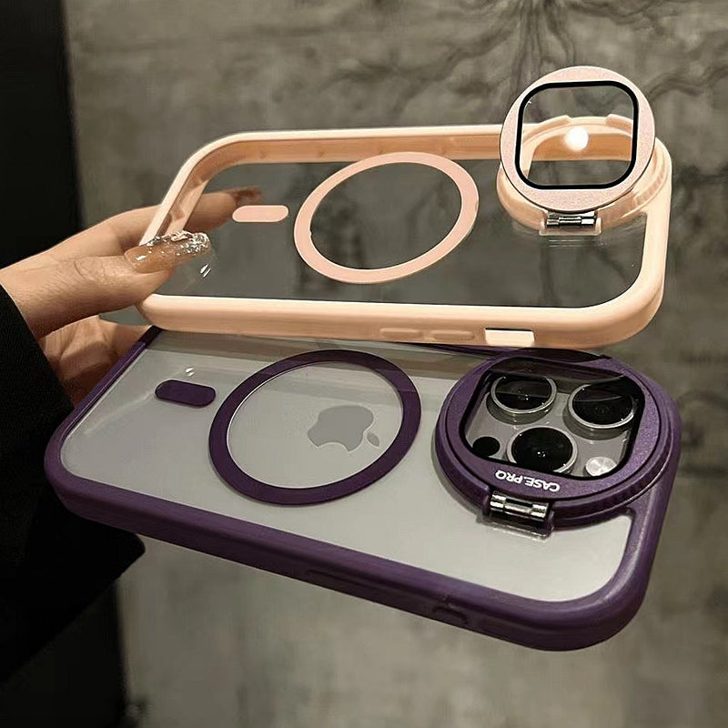 Luxury Glass Camera Stand iPhone Case - Transparent Magnetic Acrylic Cover, Wireless Charging Compatible, Case for iPhone