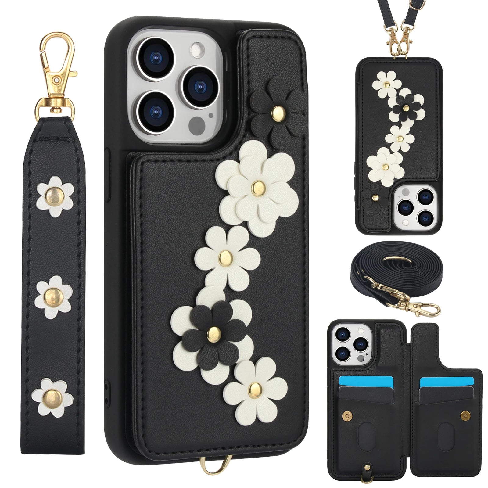 Luxury Crossbody Wallet Leather iPhone Case – 3D Flower Design, Card Slot, Wrist Strap, Magnetic Closure, Protective Cover