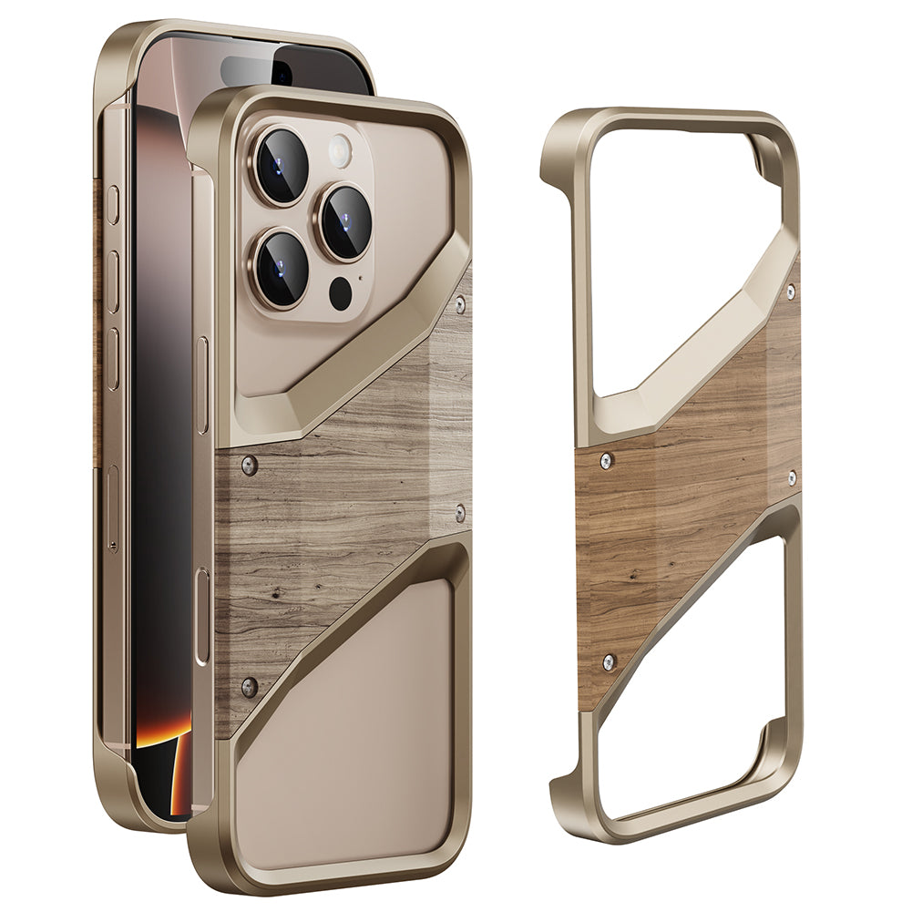 Irregular Metal Frame iPhone Case – Aluminum Alloy and Solid Wood Shockproof Frameless Cover for iPhone Models Design