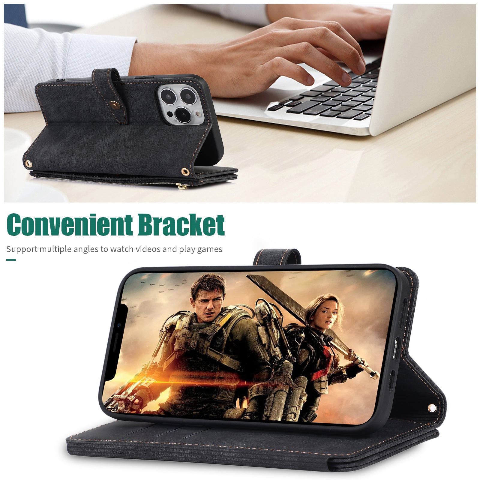 Luxury Crossbody Zipper Wallet iPhone Case – Leather Card Holder, Lanyard Strap, Closure Hands-Free Convenience for iPhone