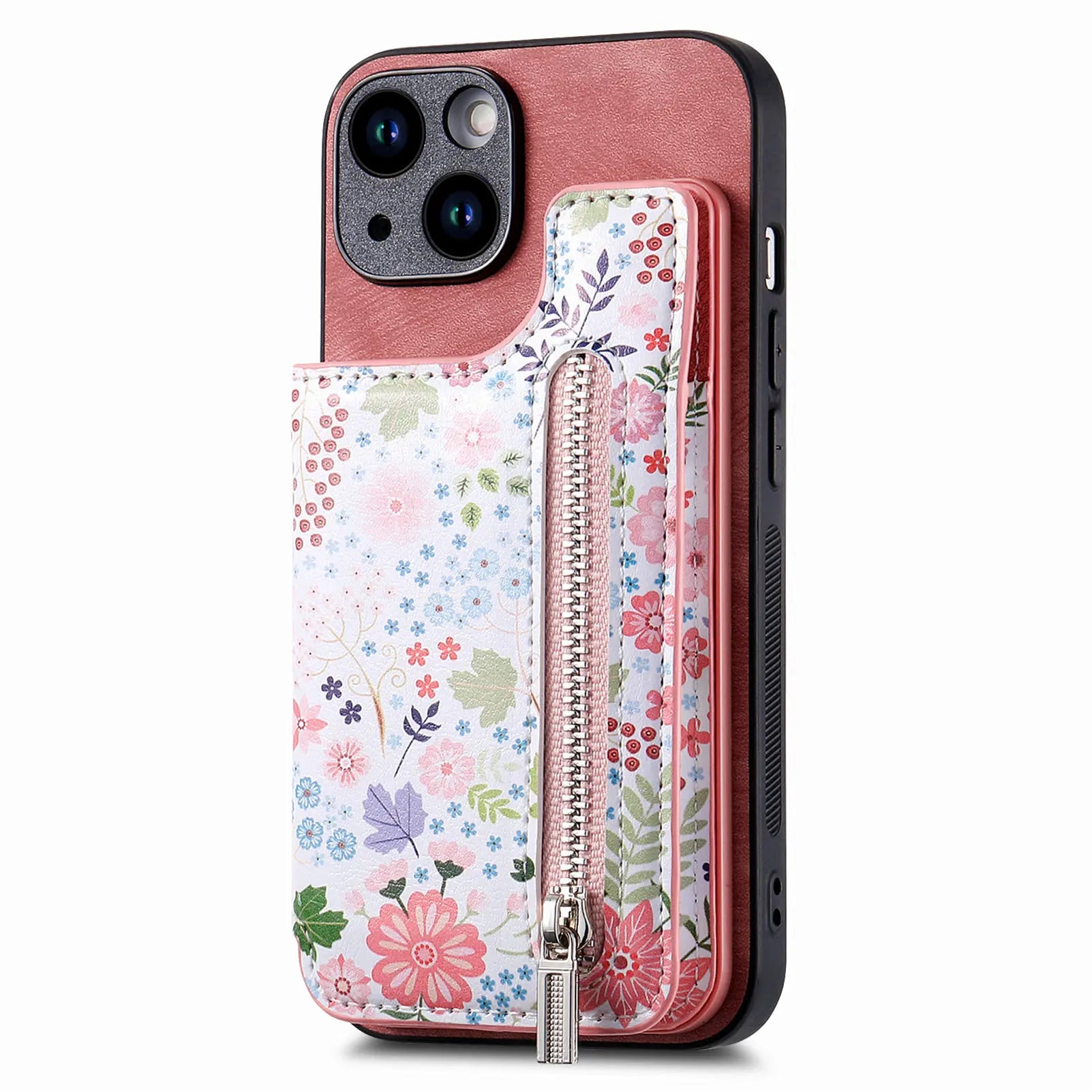 Zipper Card Slot Wallet iPhone Case – Magnetic Closure, Purse Pocket, Floral Design, Shockproof Protective Cover for iPhone
