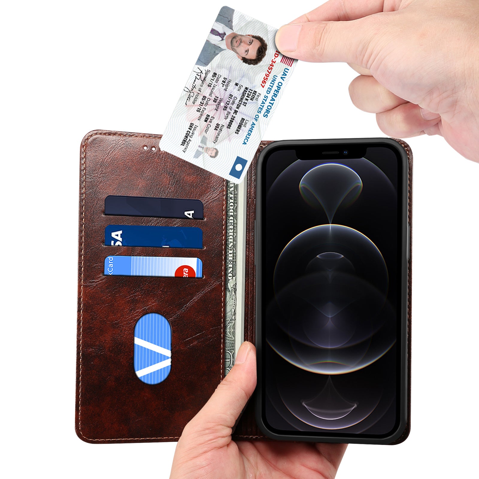 Luxury Genuine Leather Wallet Flip iPhone Case – Magnetic Closure, Card Holder, Stand Function, Shockproof Protective Cover, Classic Book-Style Design