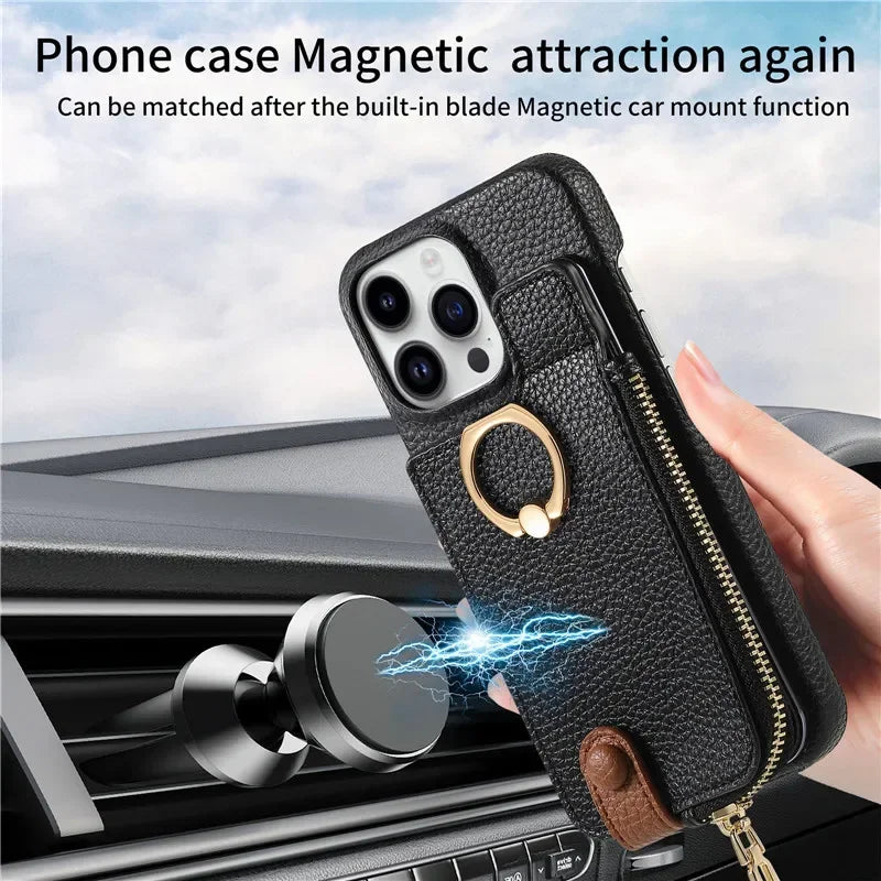 Luxury Leather Zipper Wallet iPhone Case – Card Holder, Ring Kickstand, Shockproof Cover for iPhone Models