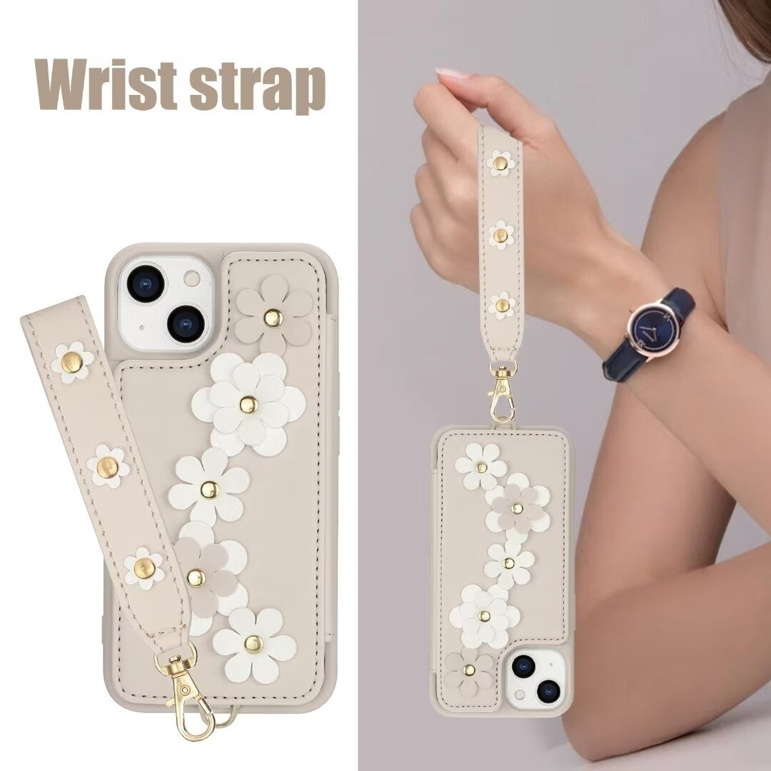 Luxury Crossbody Wallet Leather iPhone Case – 3D Flower Design, Card Slot, Wrist Strap, Magnetic Closure, Protective Cover