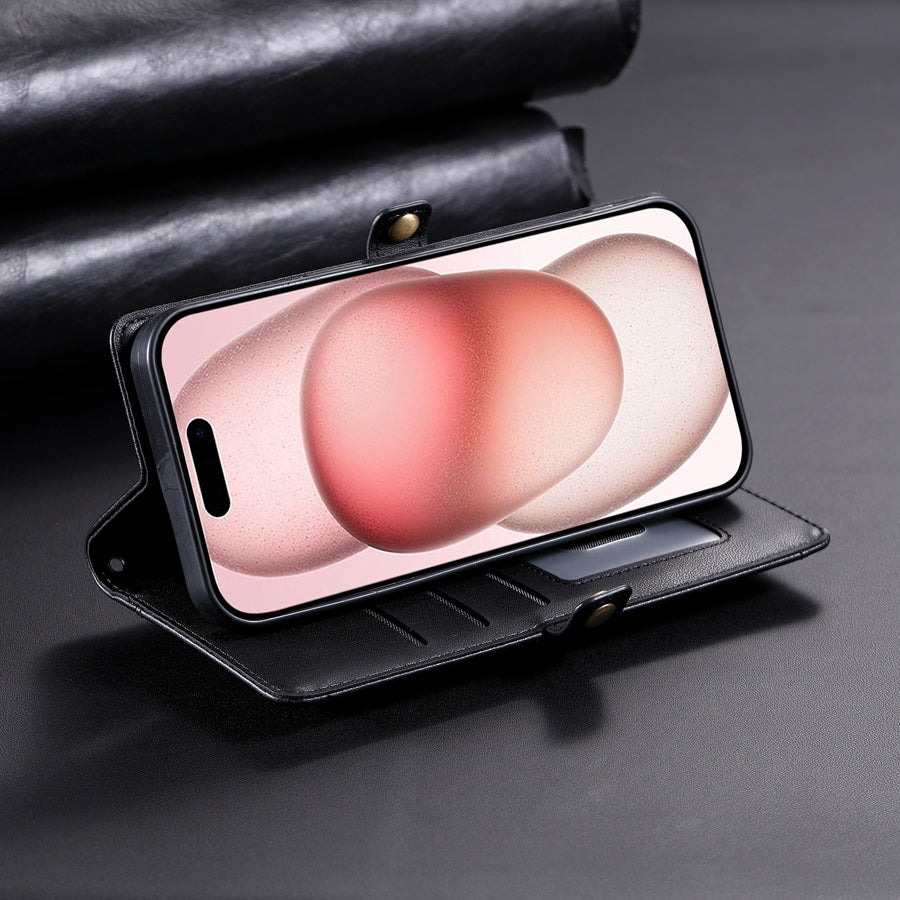 Luxury Dual-Layer Wallet iPhone Case – Flip Leather Cover with Card Slots, Photo Frame, 2 Lanyards, Shockproof Protection, and Stand Feature for iPhone