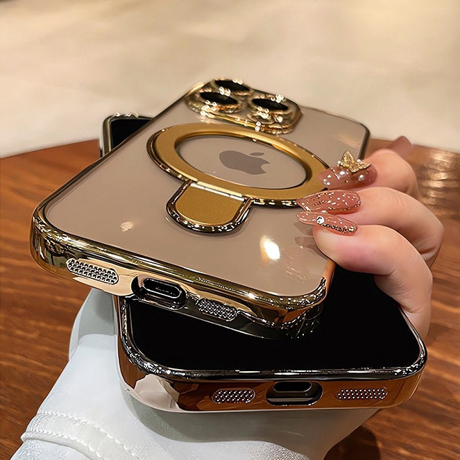 Luxury Plating MagSafe iPhone Case Transparent Acrylic Magnetic Cover with Stand Holder Shockproof PC Bumper Case for iPhone