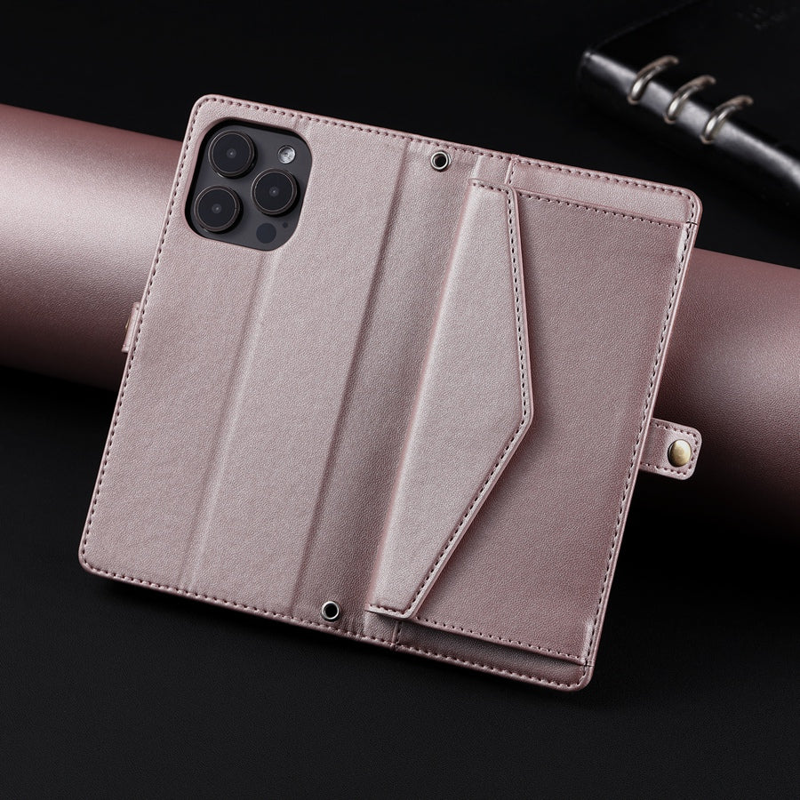 Luxury Dual-Layer Wallet iPhone Case – Flip Leather Cover with Card Slots, Photo Frame, 2 Lanyards, Shockproof Protection, and Stand Feature for iPhone