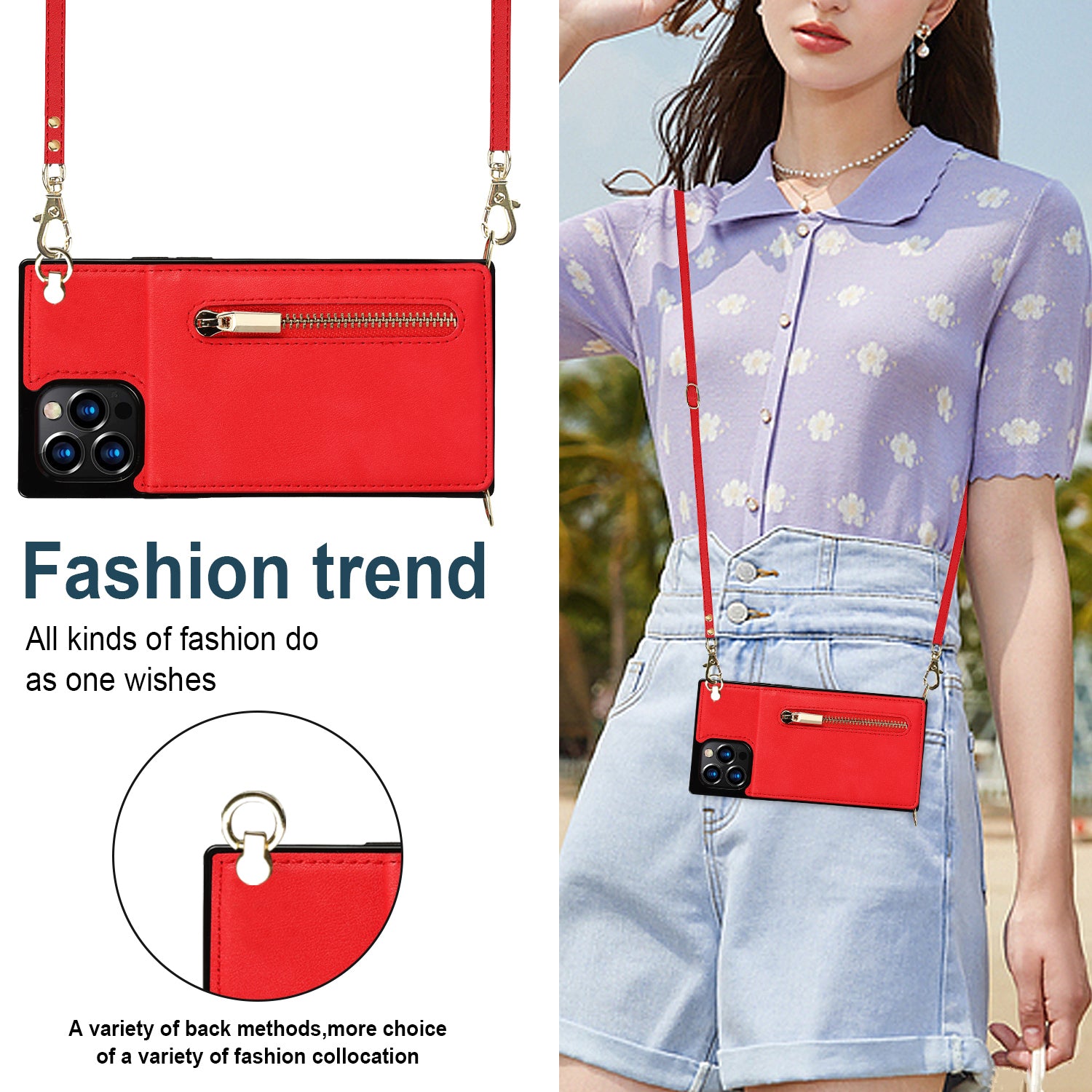 Luxury Zipper Wallet Crossbody Leather iPhone Case Card Holder, Lanyard Strap Magnetic Closure, Stylish Flip Cover for iPhone