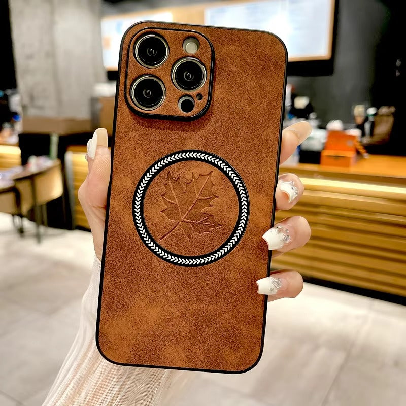 Premium Retro Leather Maple Leaf iPhone Case – MagSafe Charging, Stylish & Durable Full Protection Cover | Case for iPhone