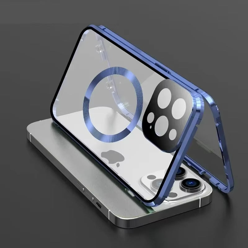 Premium Apple iPhone Case Ultra Thin Shockproof Magnetic Full All Around Protection Cover with Metal Frame Glass Design